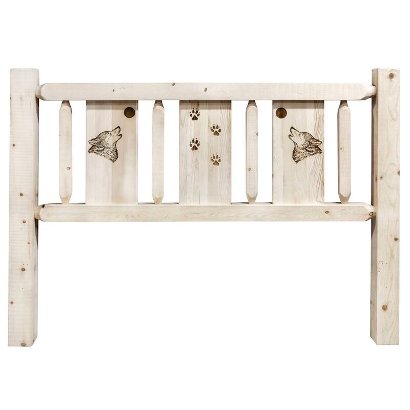 Queen Size Headboard with Laser Engraved Pine Design, Clear Lacquer Finish, Rustic Cabin Style Bedroom Decor