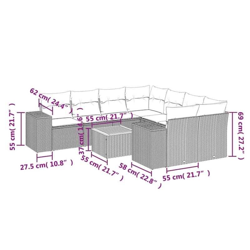 vidaXL Patio Sofa Set with Cushions Outdoor Furniture 9 Piece Poly Rattan - 24.4x 24.4x 27.2
