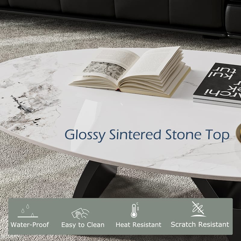 51.18" Modern Oval Coffee Table, Glossy Sintered Stone Table top, N-Shaped Carbon Steel Leg