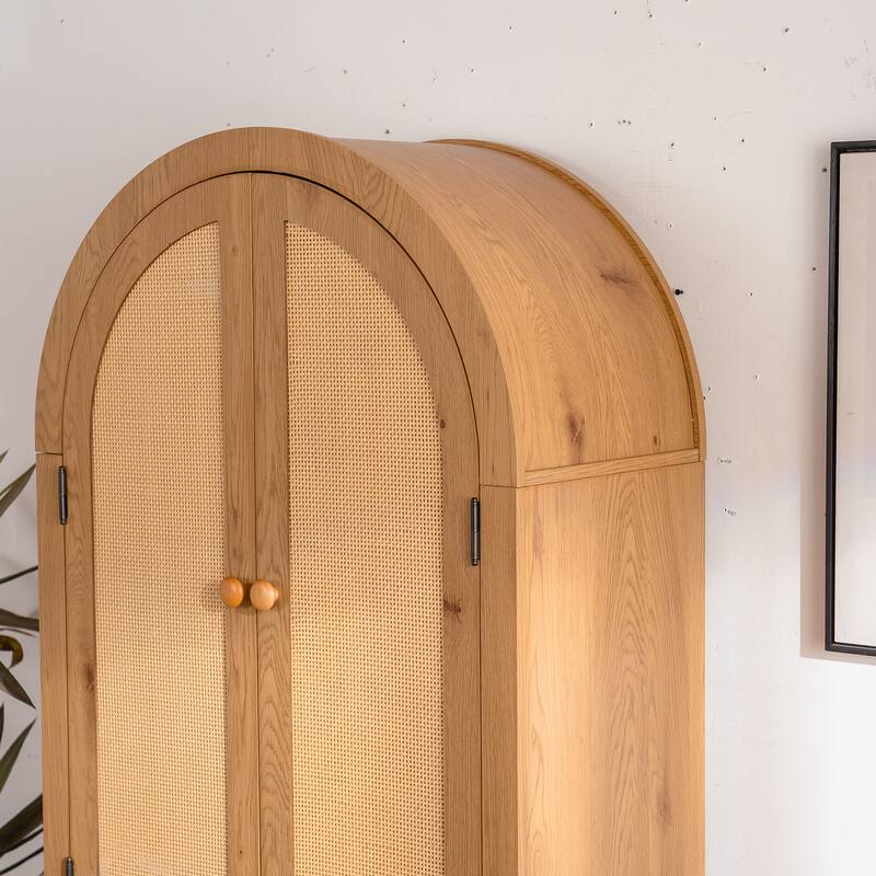 Arched Kitchen Pantry Cabinet, Arched Bookcase with Rattan Doors, Freestanding Storage Cabinet with Adjustable Shelves