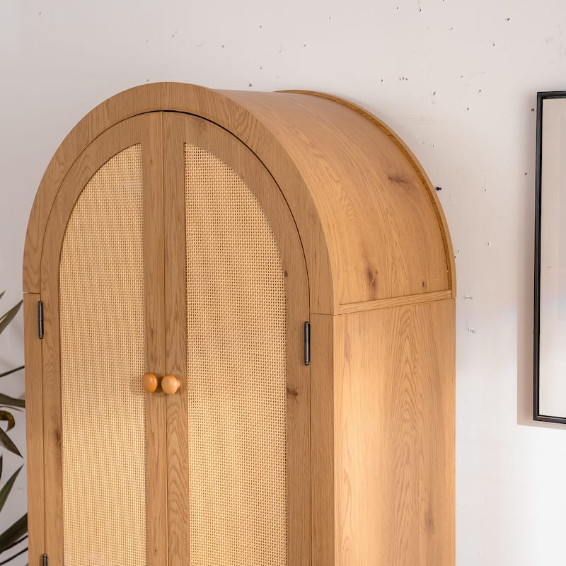 Farmhouse Arched Pantry Cabinet with Rattan Doors & Adjustable Shelves, 63'' Freestanding Storage Cupboard