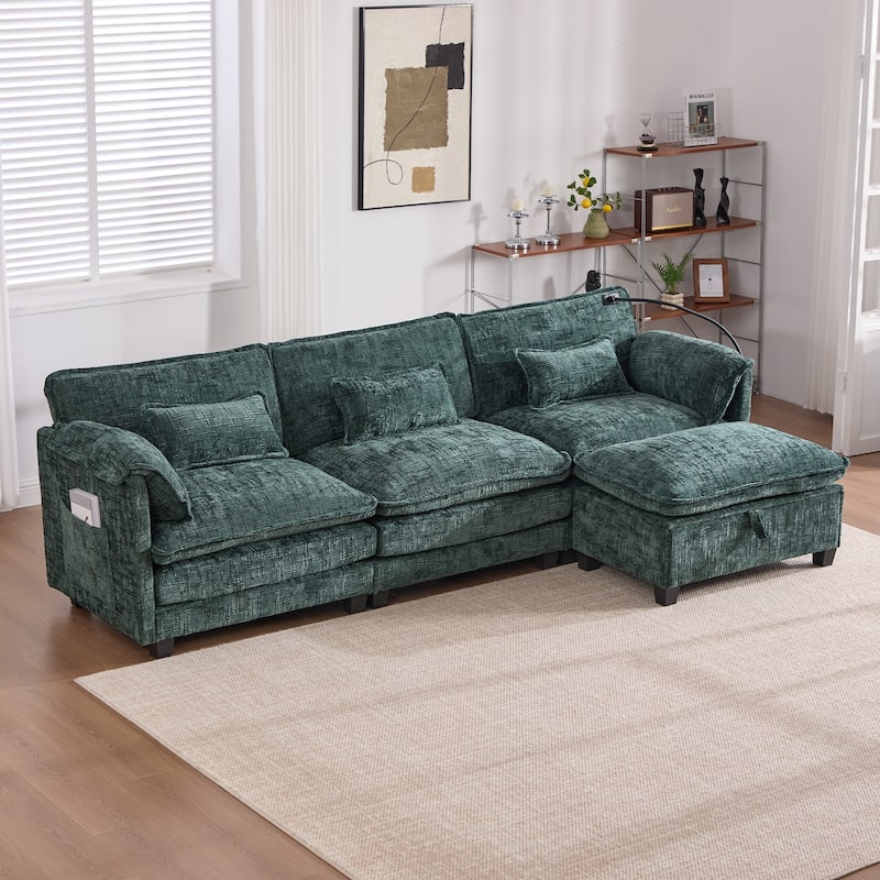 HOMEFUN Chenille Upholstered L-shaped Phone Holder Modular Sectional Sleeper Sofa with Movable Storage Ottoman - Emerald