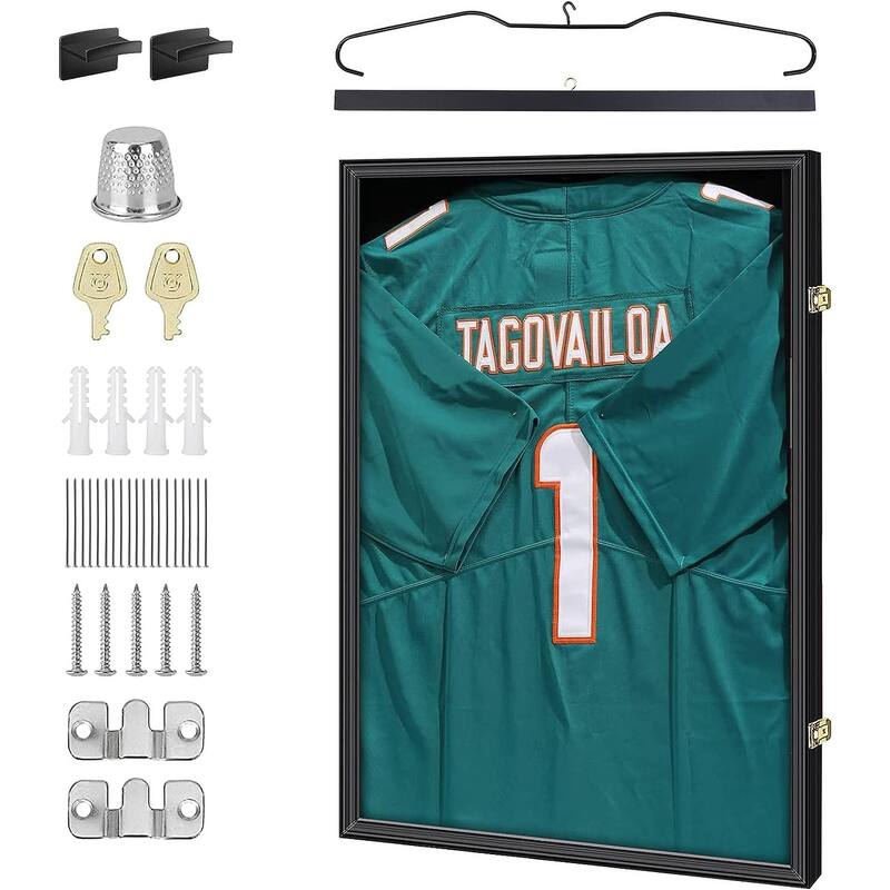 Jersey Frame Display Case Wood Display Case Shadow Box Extra Large Frame with Locks, Hangers, Velvet Pinboard - Set of 1