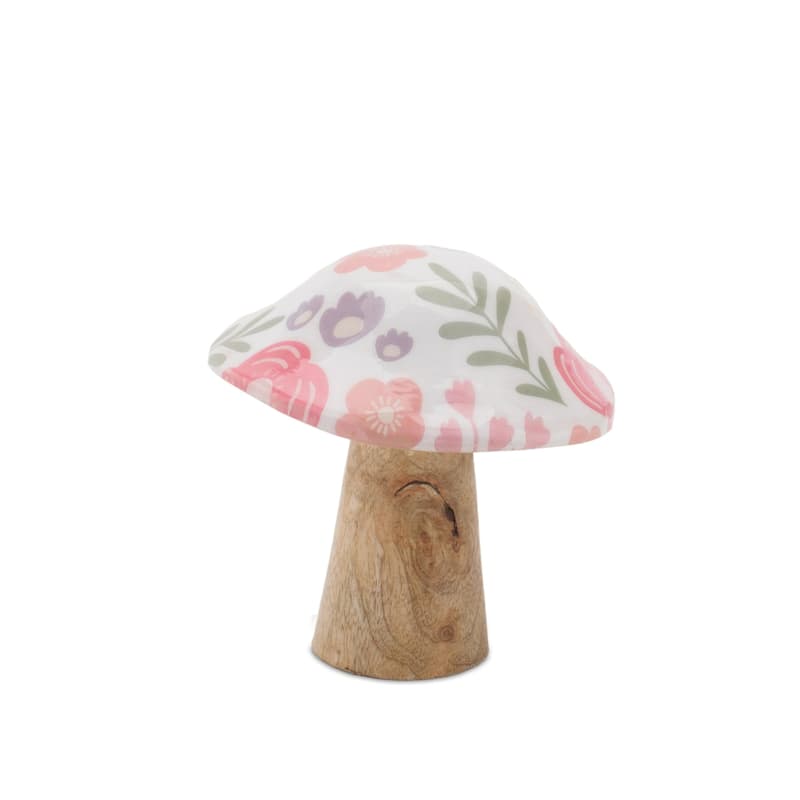 Floral Mango Wood Mushroom Decorations - 6.5" - Brown and Pink - Set of 2