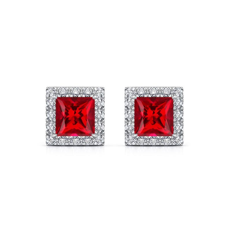 Auriya 14k Gold Lab Grown Gemstone Ruby Stud Earrings Princess 0.25 to 5.00 ct. tw. Halo Push-Back