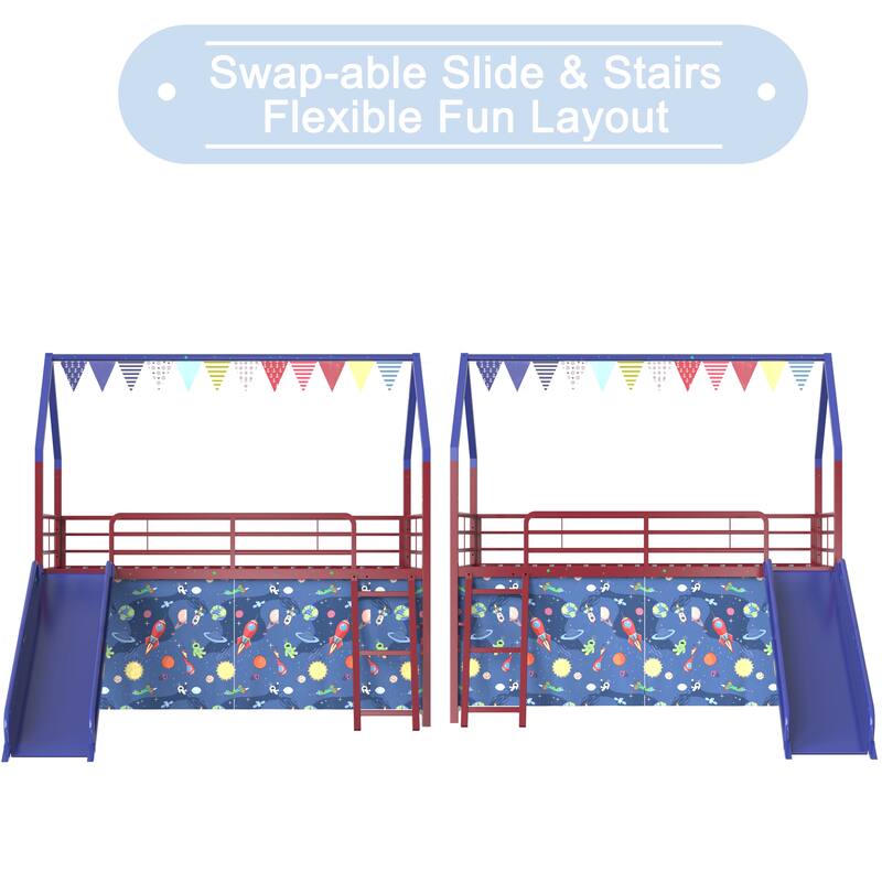Metal Junior House Twin Loft Bed with Slide and Curtain Set