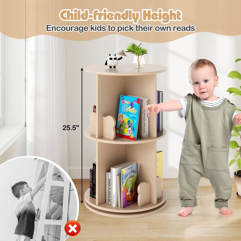 Coffee MDF Kids Rotating Bookshelf 8 Compartments 360-degree Swivel and Bear Baffles - 16"L x 16” W x 25.5" H
