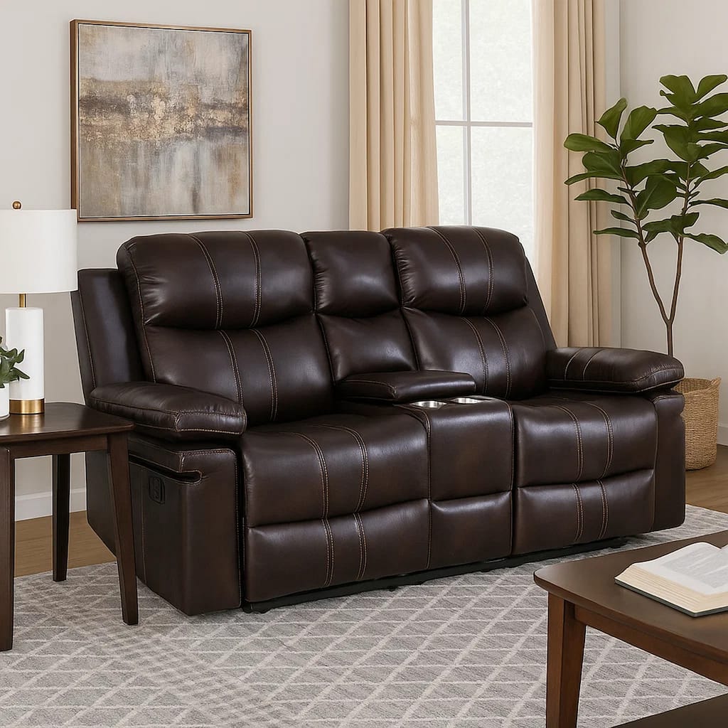 Linden 69 Inch Loveseat with Dual Recliners, Console, Brown Faux Leather