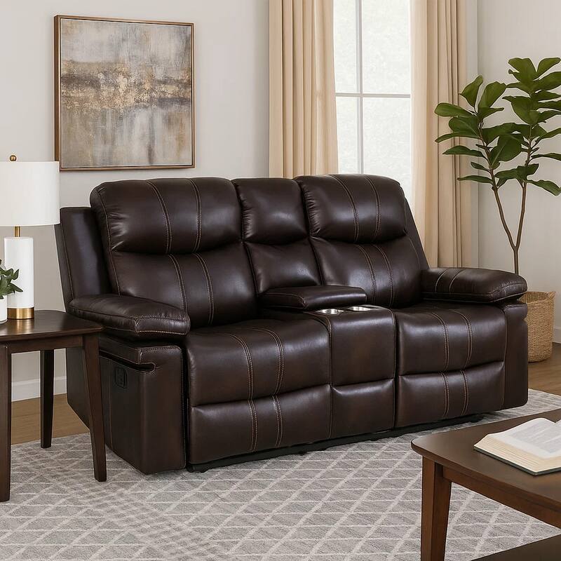 Linden 69 Inch Loveseat with Dual Recliners, Console, Brown Faux Leather