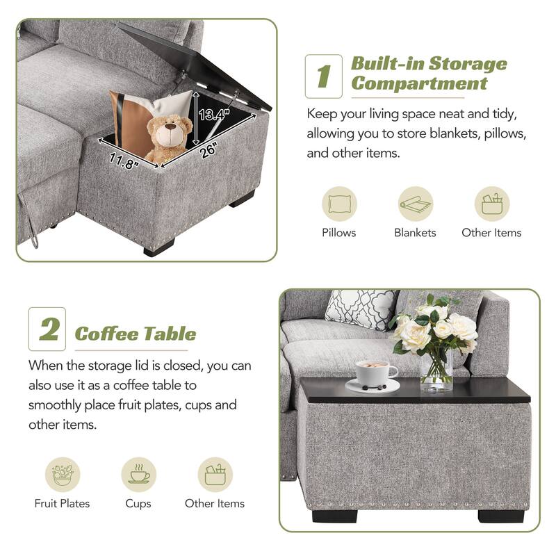 Pull-Out Sofa Bed L-Shape Sectional Sofa, Linen Deep Seat Sofa with Adjustable Headrest, Wireless Charging and Cup Holders