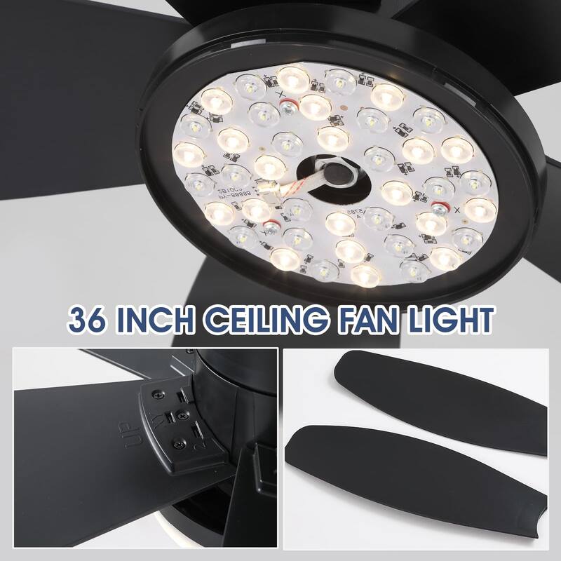 36"/42"/48" Low Profile Ceiling Fan with ABS Blades 3 Color LED Flush Mount for Bedroom Living Room APP and Remote Control