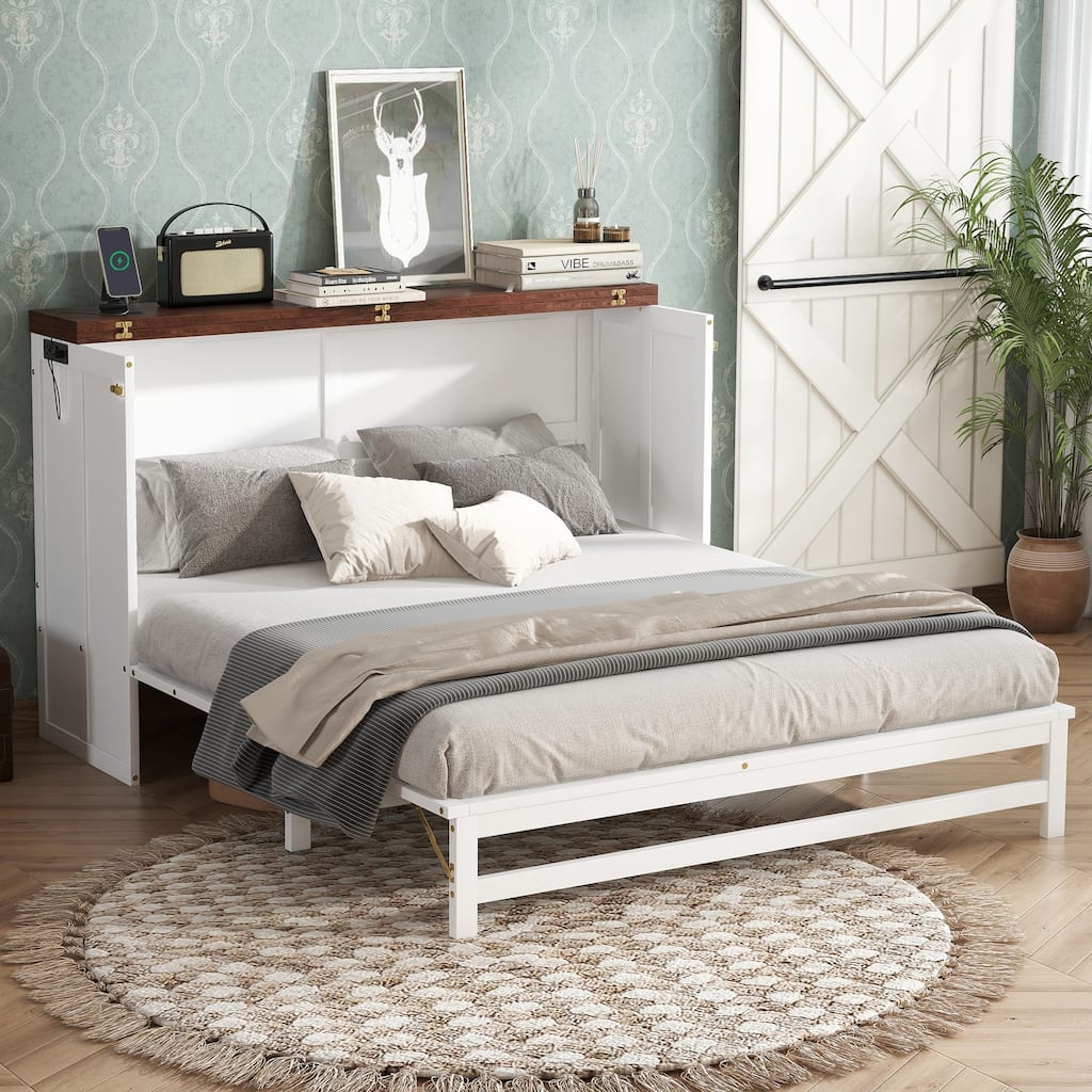 Roomfitters Queen Bed Cabinet with Storage Compartment & Charging Station, USB Ports, Solid Pine Space Saving Bed, White Walnut