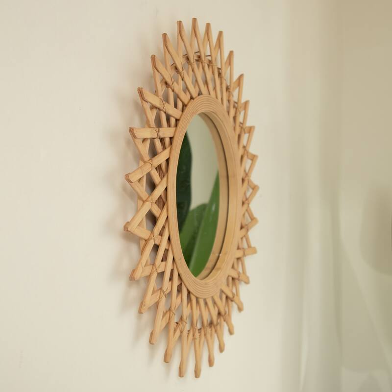 24" Solana Mirror, Wall-mounted Bamboo Artistry Circle Mirror with Hemp, Irregular Shape for Bathroom, Bedroom, Living Room