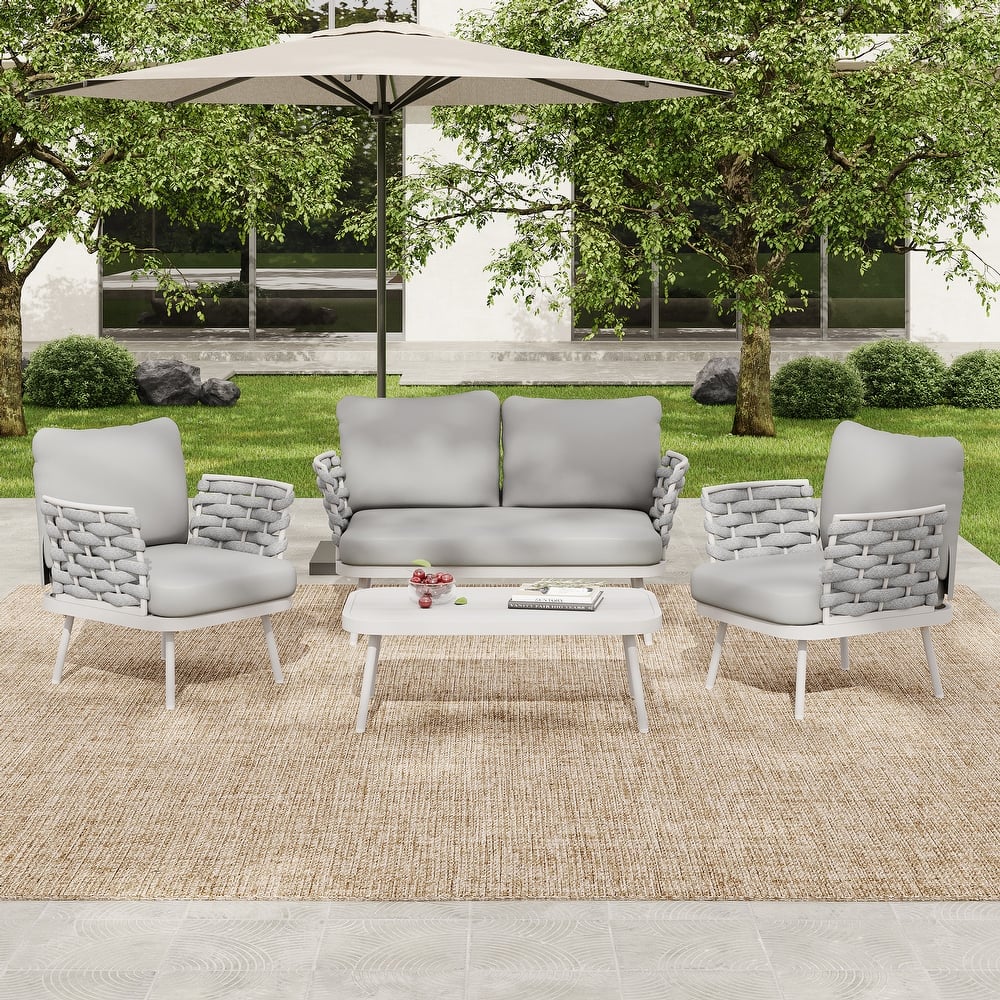 Roomfitters Steel 4-Piece Outdoor Conversation Set with Woven Rope Armrests and Cushions