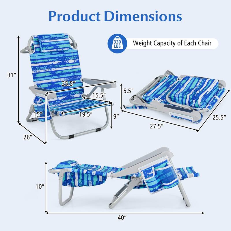 Oxford Fabric Folding Beach Chair with Adjustable Backrest, Headrest and Storage - 26" L x 25.5" W x 31" H