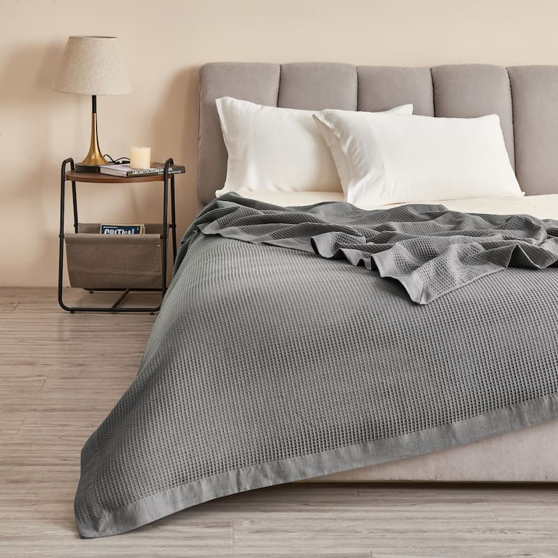 Luxurious 100% Cotton Soft Waffle Weave Knit Blanket - Full/Queen - Light Grey
