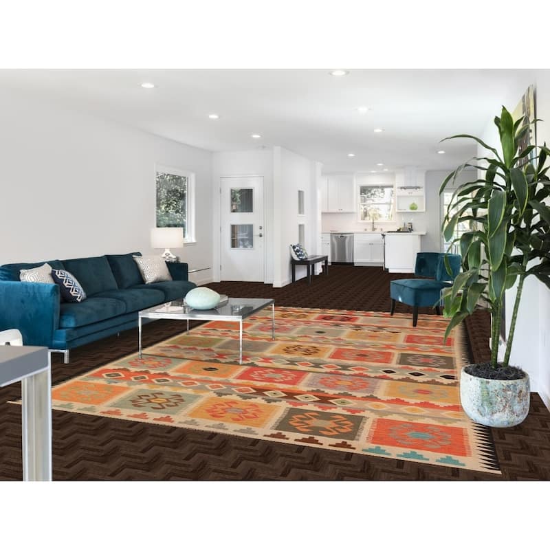 Reversible Geometric Multi-Color Kilim Area Rug Hand-Woven Wool Carpet - 7'11" x 11'2"