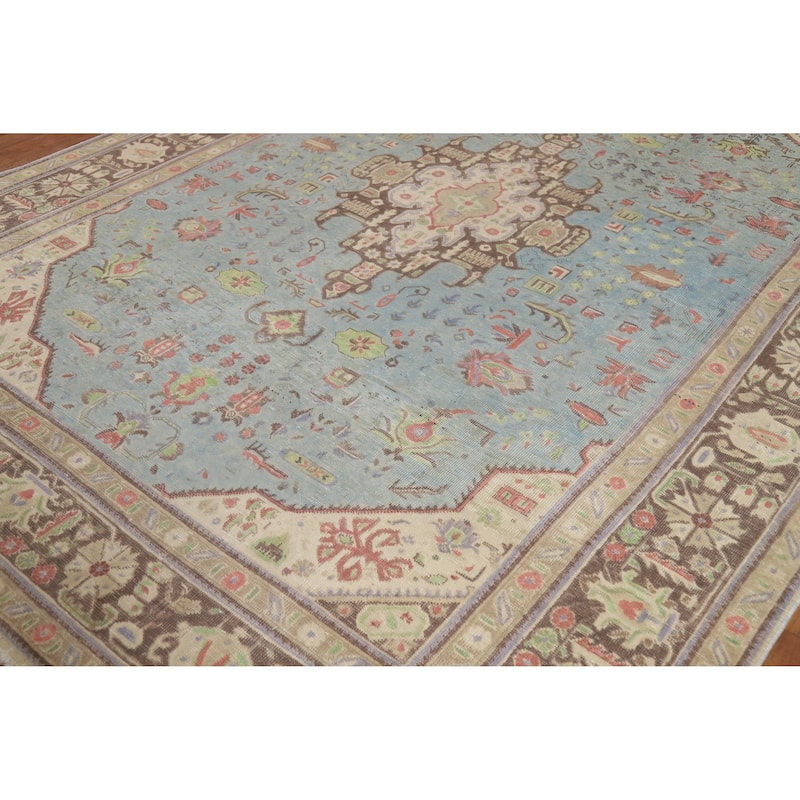 Light Blue Geometric Tabriz Persian Vintage Rug Handmade Wool Carpet - 7'10" x 10'9"