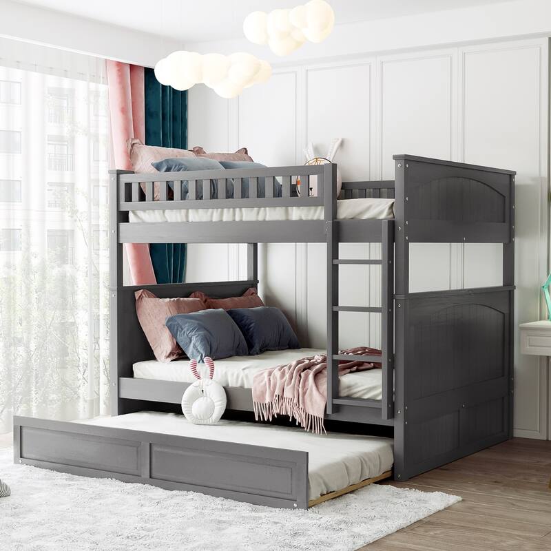Full Over Full Size Wood Bunk Bed with Trundle Bed & Safety Guardrail, Solid Wood Bunkbed Frame for Guests, No Box Spring Needed - Gray - Full
