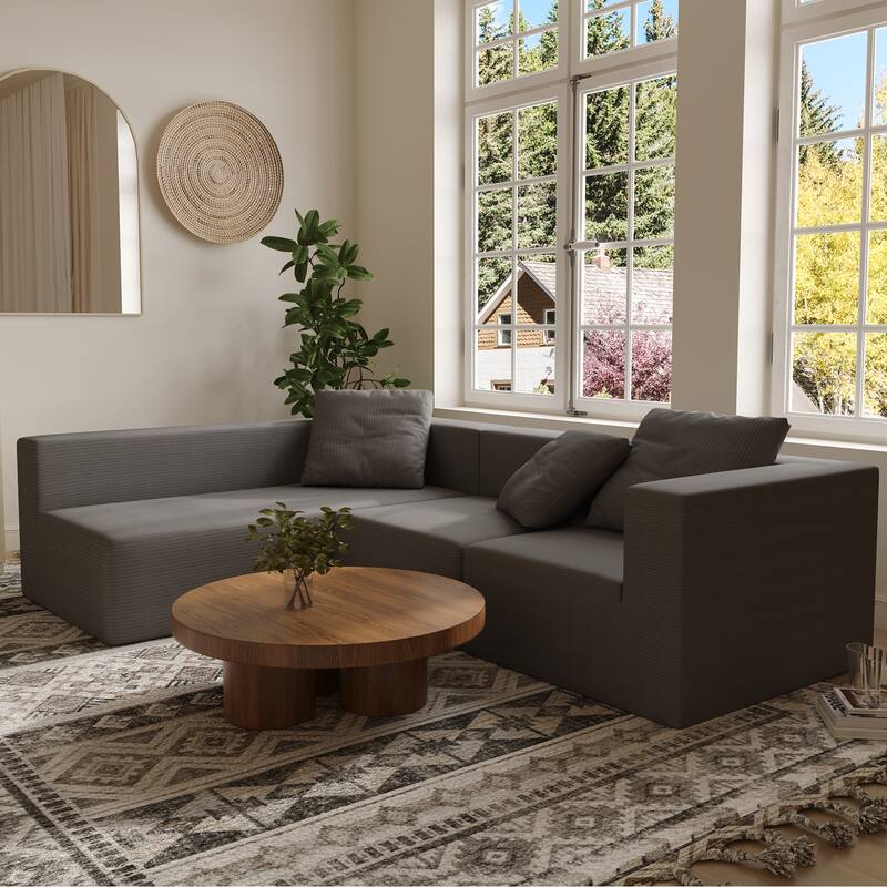 Corduroy Chaise Sectional Couch Convertible into Sleeper Sofa Bed, Deep Seating Modular Compression Sofa for Living Room