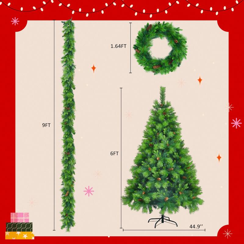 6FT Pre-Lit Christmas Tree with Garland & Wreath Set, LED Multi-Color & Warm Lights, Green and White Tips