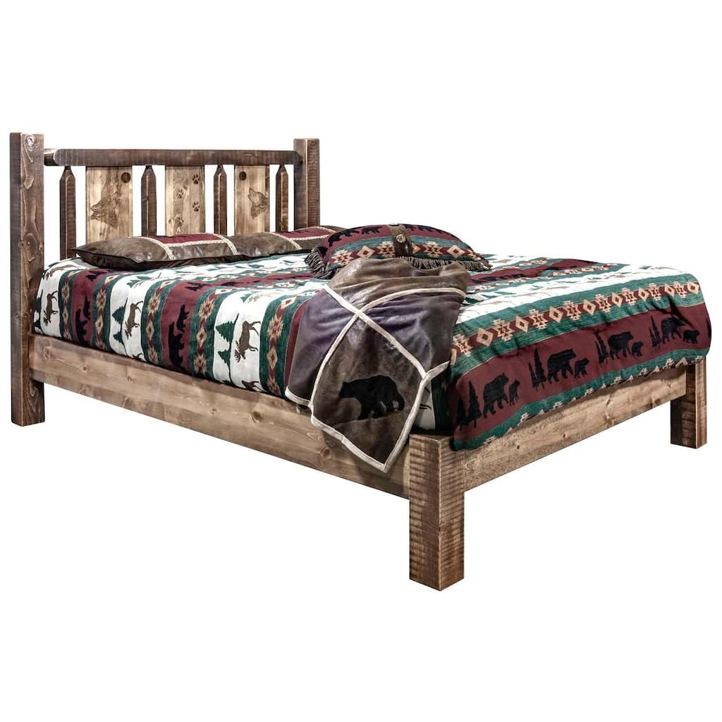 Rustic Platform Bed - Wolf Design - Solid Pine Wood - Sturdy Build - HomeStock