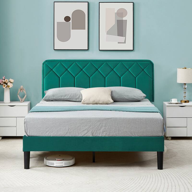 VECELO Adjustable Height Velvet Upholstered Bed Diamond Tufted Headboard with 7.8" Underbed Storage No Box Spring Needed - Green - Queen