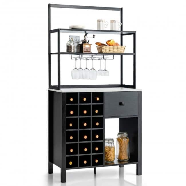 Kitchen Bakers Rack Freestanding Wine Rack Table with Glass Holder and Drawer - 31" x 16" x 64" (L x W x H) - Black