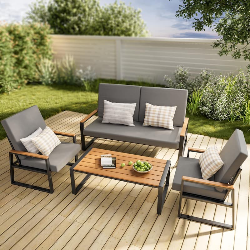 4-Piece Solid Wood Outdoor Patio Lounge Set with Removable Cushion Covers - Dark Grey