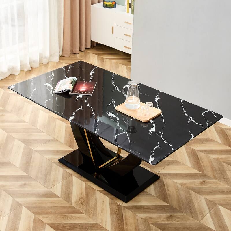 Modern minimalist and luxurious black imitation marble texture dining table rectangular office desk. Game desk