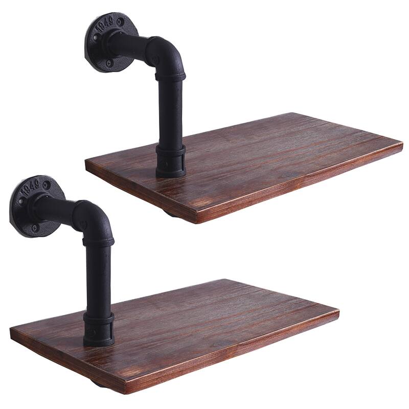 Paired Black Metal Pipe with Weathered Brown Stained Wood Wall Shelves