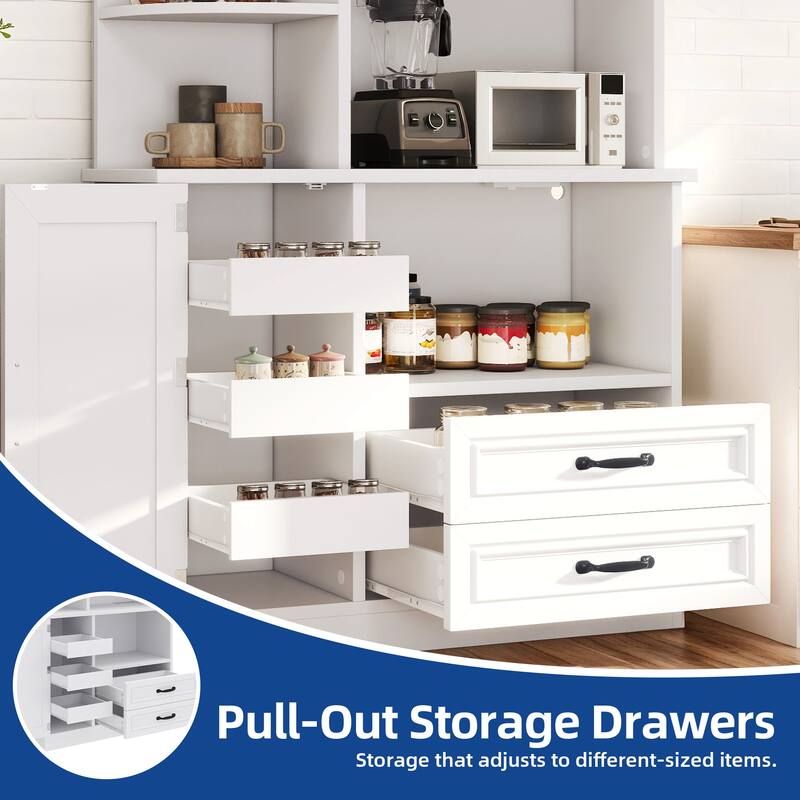 64" White Kitchen Pantry w/ Power Outlet, Sliding Racks & 3 - Tier Shelves