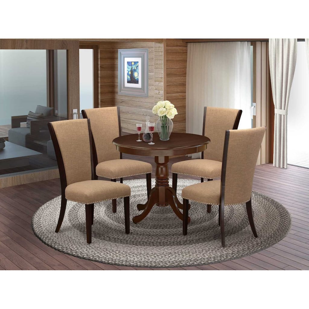 HomeStock 5-Piece Round Mahogany Finish Solid Wood Top Dining table with 4-Chairs