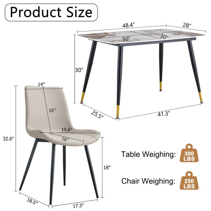 48.4" 5-Piece Sintered Stone Dining Table Set with 4 PU Chairs, Curved Widened Cushions, Pandora Patterned Rock Slab Desktop
