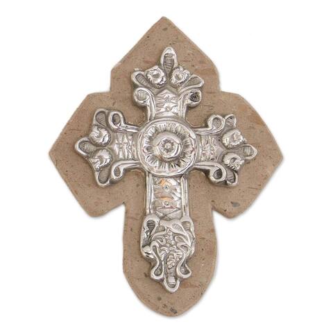 Handmade Baroque Faith Pewter And Reclaimed Stone Wall Cross (Mexico) - 9.25" H x 7.25" W x 1.3" D