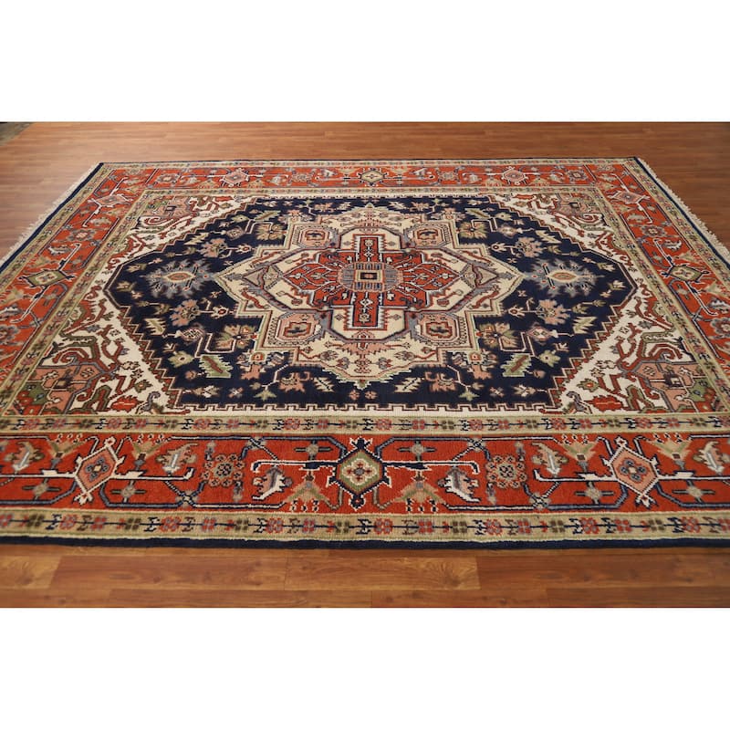 Hand Knotted Oriental 100% Wool Carpet Traditional Medallion Navy Blue & Blues Heriz (serapi) Area Rug - 10' 0'' X 7' 11''