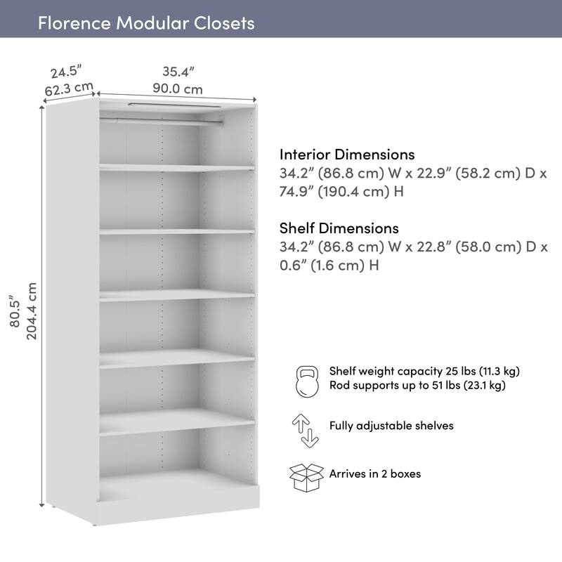Bestar Florence 36W x 25D Closet System Tower with LED Light, Shelves
