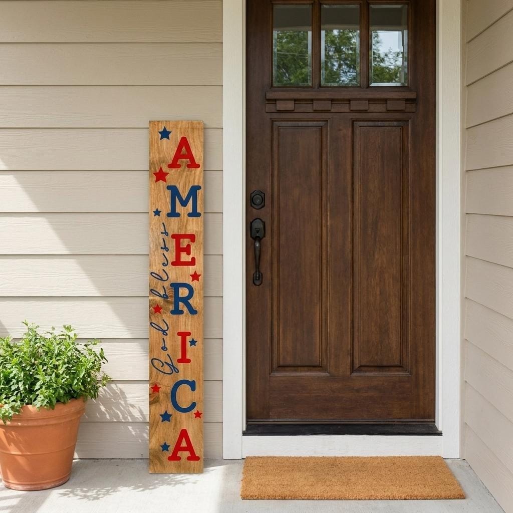 HomeRoots 47" Natural Red And Blue Solid Wood God Bless America Porch Sign
