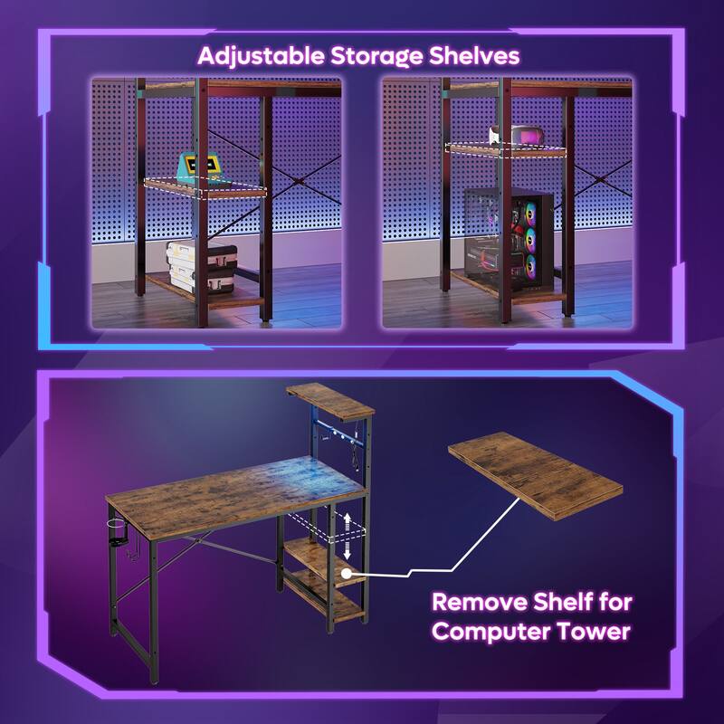 Bestier 44 in. Rectangular Gaming Desk with 4 Tier Storage Shelves Computer Desk with RGB LED Lights