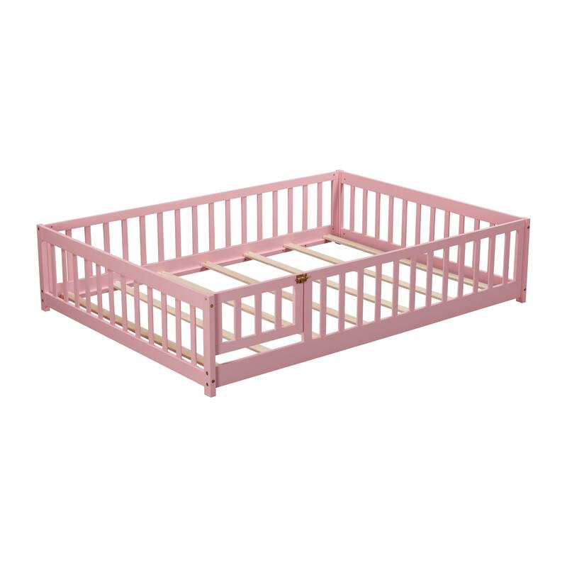 Full size Floor Platform Bed with Fence and Door, White