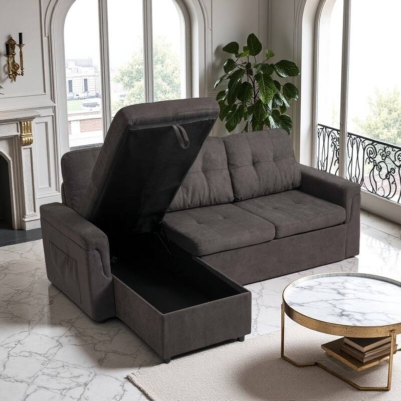 Upholstered Sleeper Sofa, L Shaped Sectional Couch with Reversible Storage, Convertible Corner Lounge Couches Pull Out Sofa bed