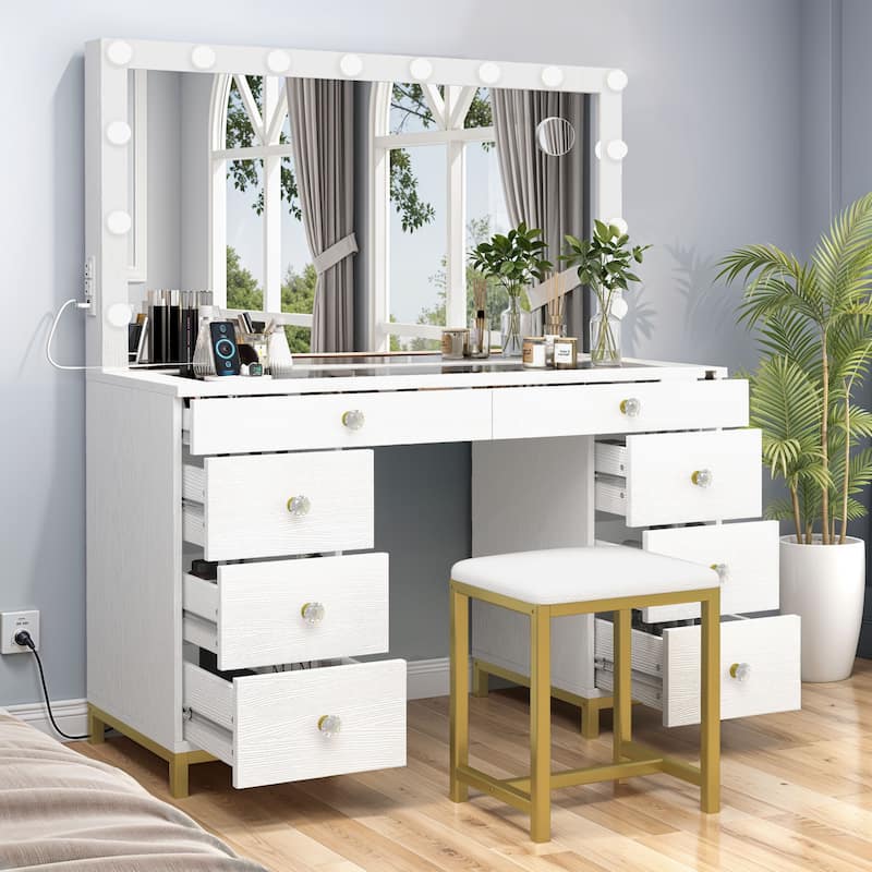 Moasis 8 Drawers Makeup Vanity Desk with Hollywood Lighted Mirror & Charging Station