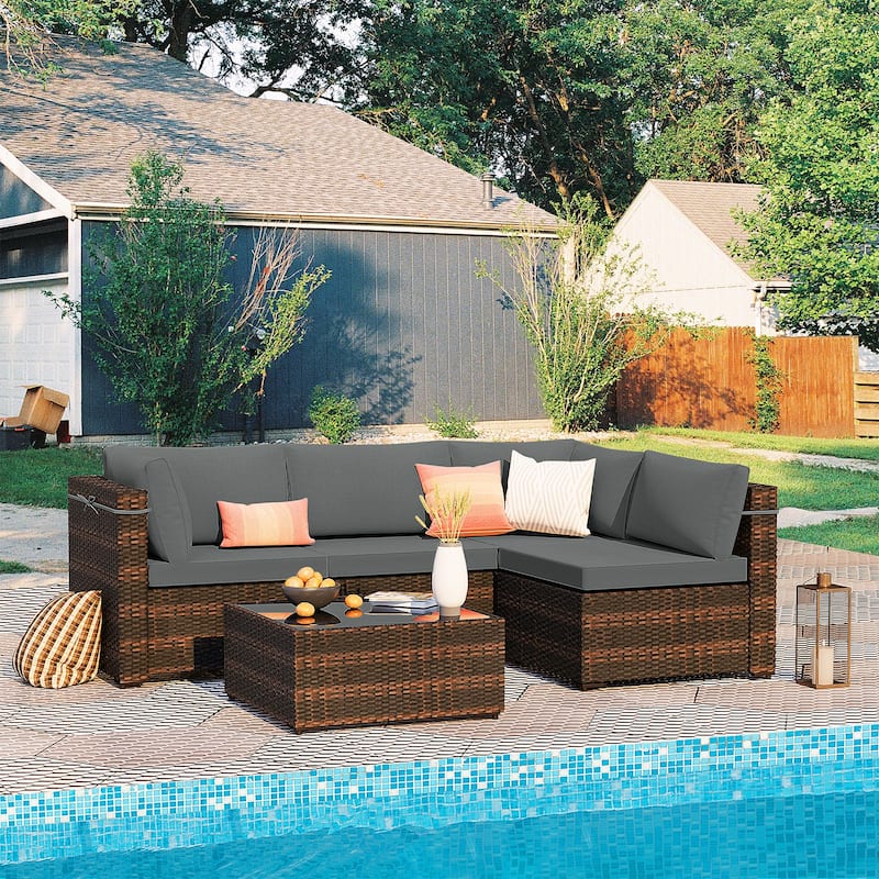 Patio Watcher 5 Pieces Patio Wicker Sectional Sofa Seating Group with Cusions - Dark Grey