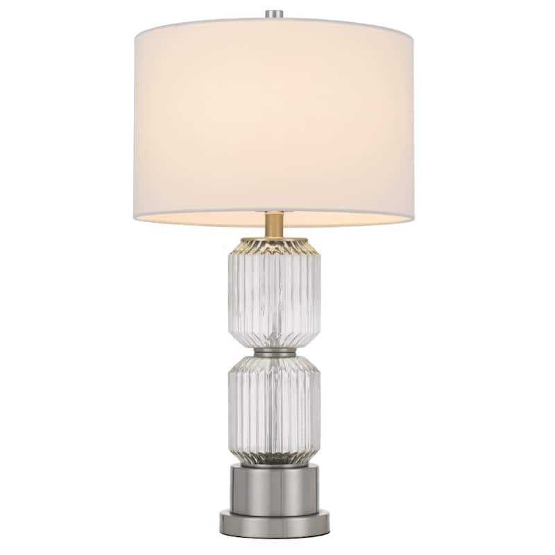 Nickel Metal Table Lamp with White Drum Linen Shade and 3 Way Dimmable Switch - 15” x 15” x 27.75” (D x W x H)