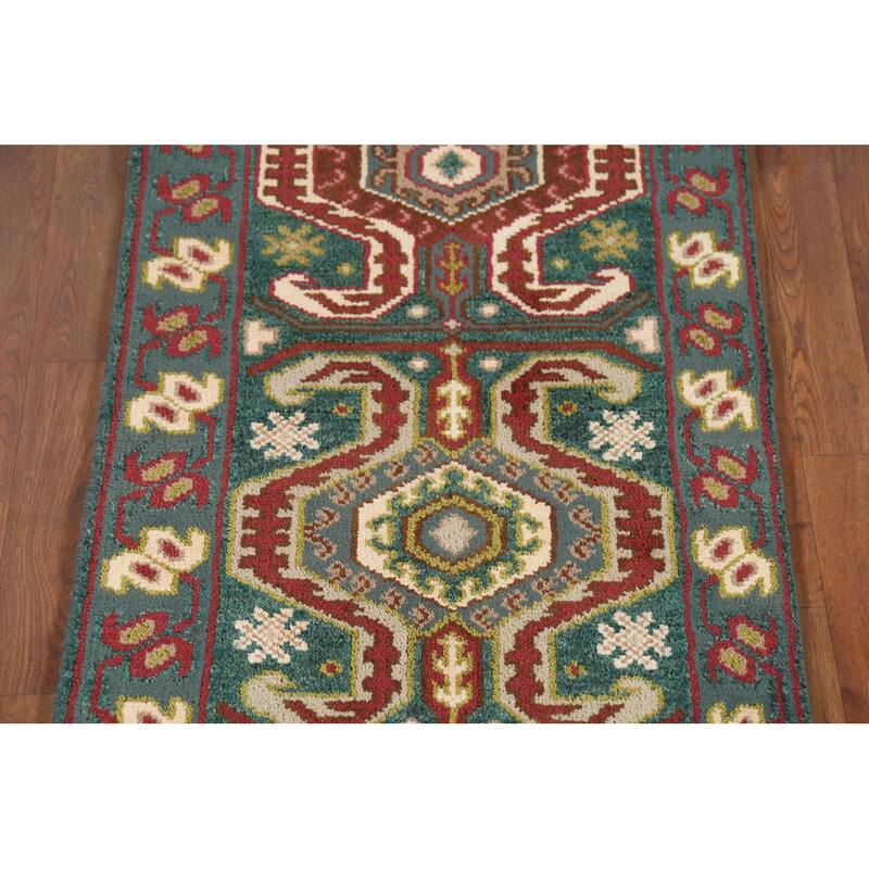 Green Geometric Kazak Indian Runner Rug Handmade Wool Carpet - 2'5"x 9'10"