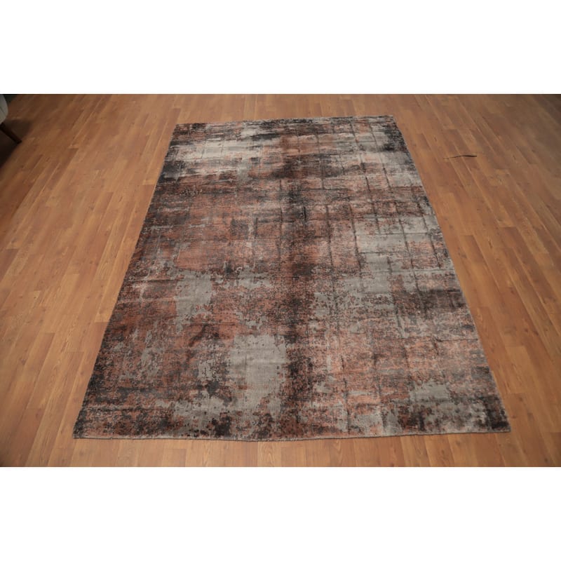 Hand Knotted Oriental Viscose Silk Carpet Modern Abstract Oranges & Rust Abstract Area Rug - 7' 4'' X 5' 3''