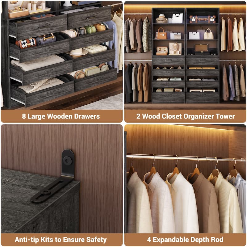 Qvella 95''-136'' W Closet System with 8 Wooden Drawers and 4 Hanging Rods, Walk-in Closet Organizer with 6 Storage Shelves