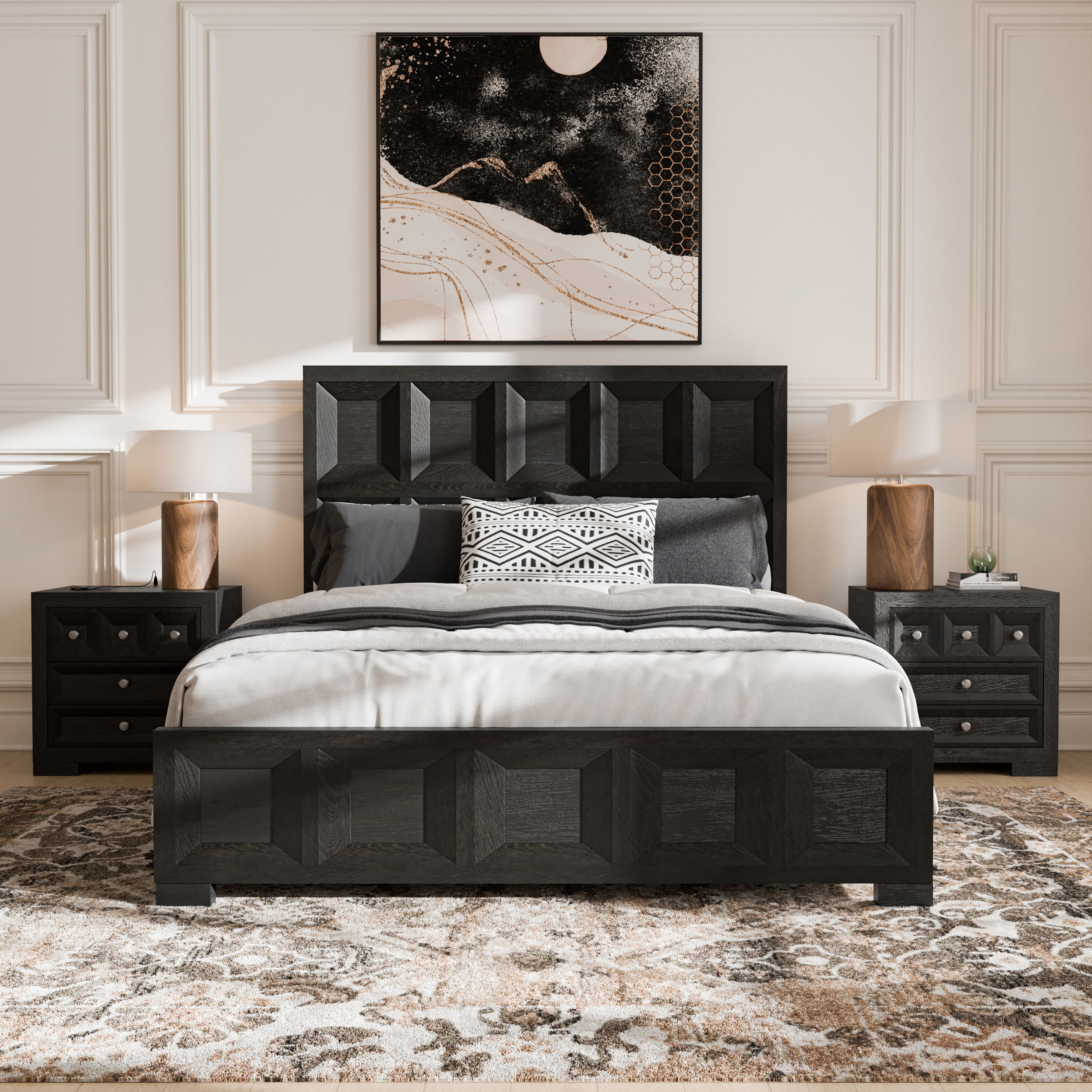 Furniture of America Durem Modern Classic 3-Piece Solid Wood Panel Bedroom Set with 3-Drawer Nightstand