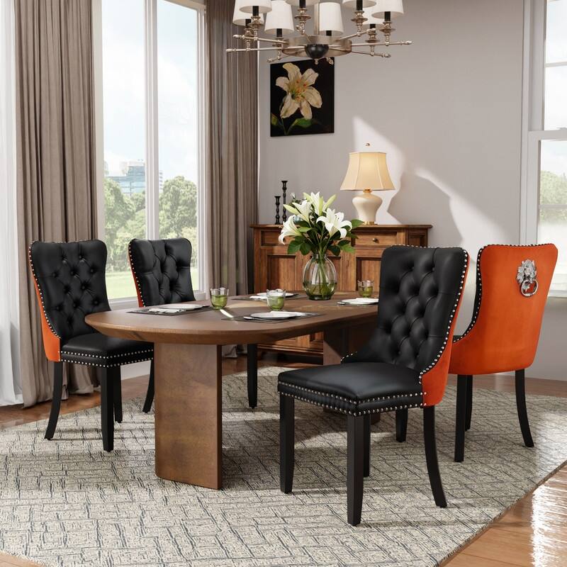 High-end Tufted Velvet Upholstered Nailhead Dining Chair Set of 6 - Set of 4 - Black Orange