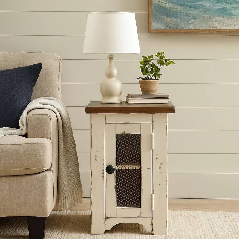Two Tone Chair Side End Table with Wire Metal Grill Cabinet,Brown and White